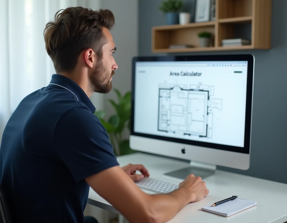 Homme utilisant Calculator.io pour calculer une superficie de pièce en ligne sur un ordinateur de bureau