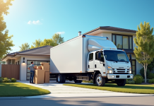 Camion de déménagement devant une maison moderne en banlieue