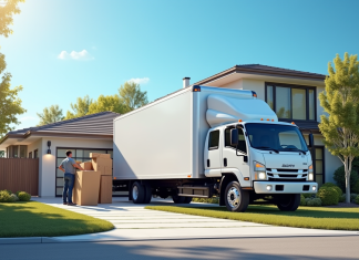 Camion de déménagement devant une maison moderne en banlieue