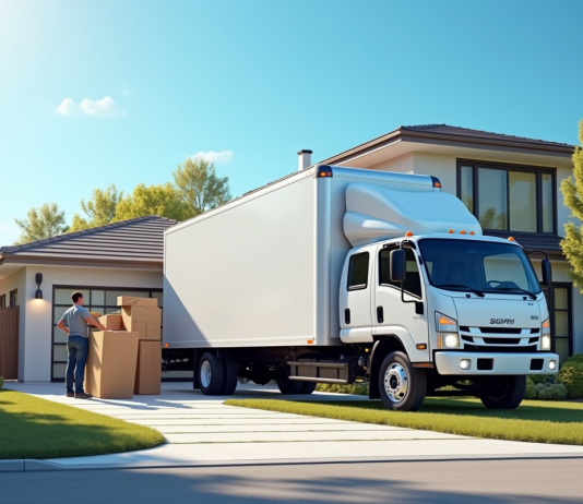 Camion déménagement 50m3 : quel véhicule choisir pour votre déménagement ? Camion de déménagement devant une maison moderne en banlieue