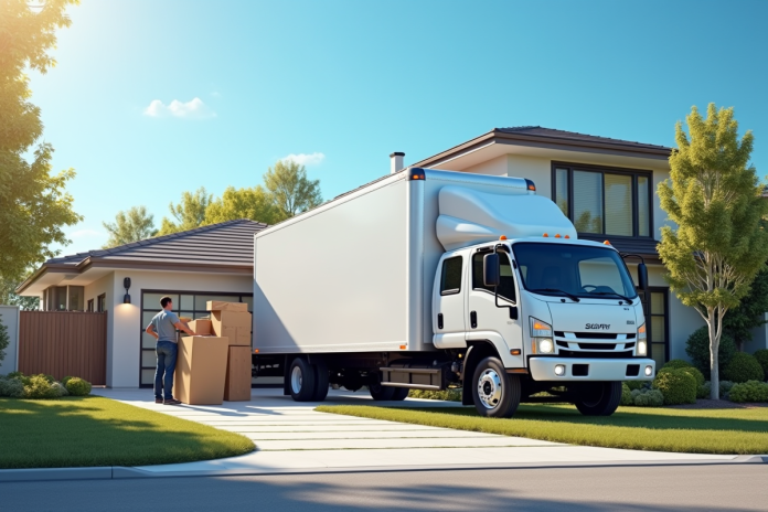Camion de déménagement devant une maison moderne en banlieue