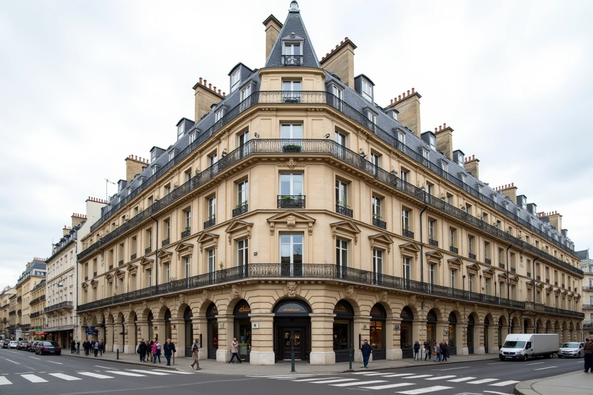 Immeuble haussmannien d'angle avec tour d'angle caractéristique, toiture conique en zinc et balcons filants illustrant les caractéristiques architecturales distinctives du style