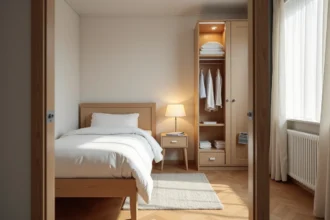 Chambre meublée en colocation avec lit simple, bureau, étagères et armoire pour liste de mobilier obligatoire
