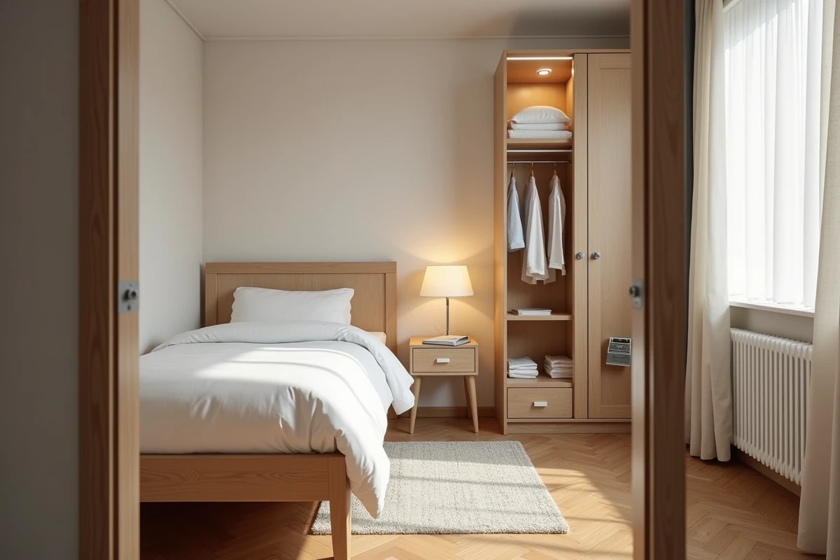 Chambre meublée en colocation avec lit simple, bureau, étagères et armoire pour liste de mobilier obligatoire