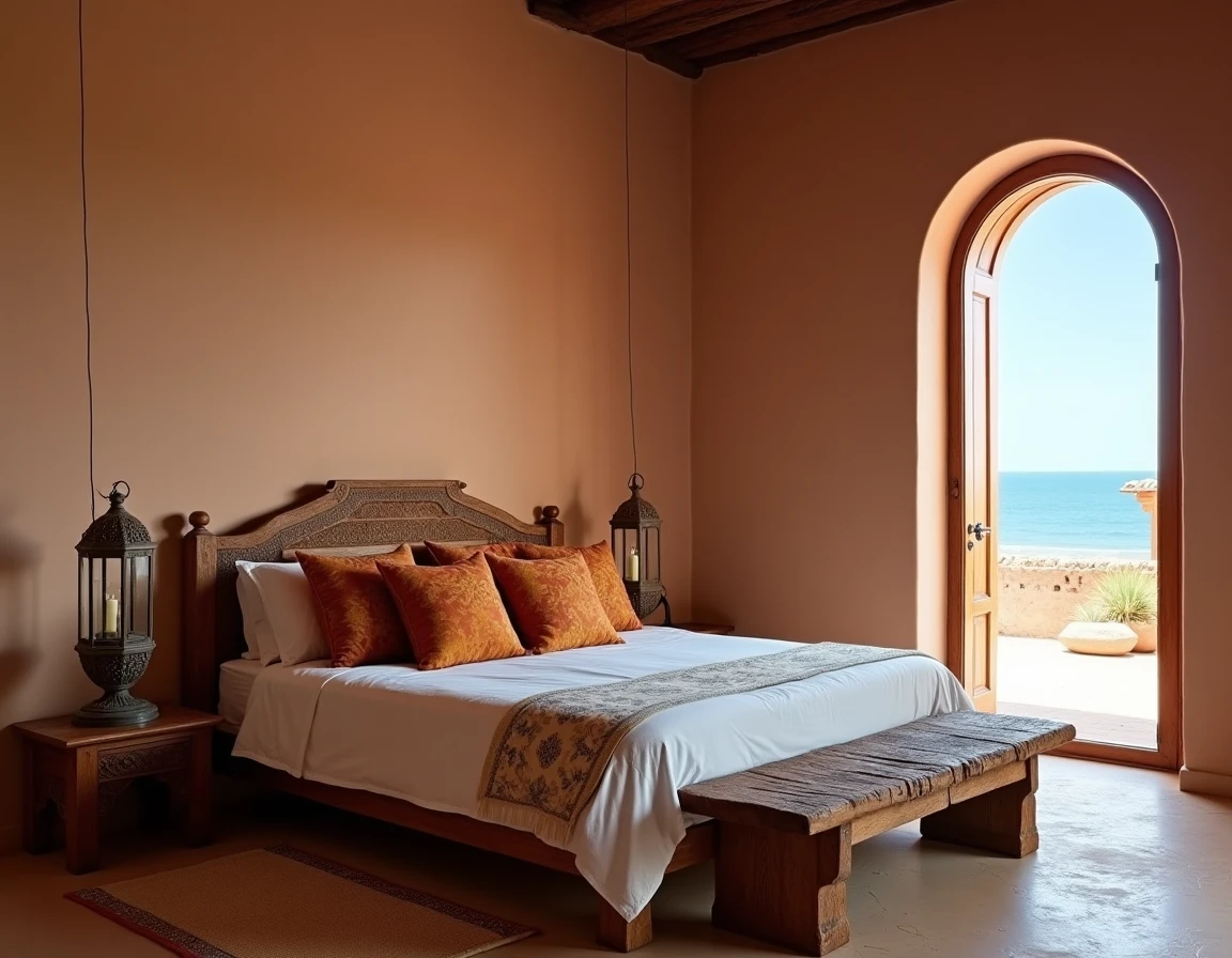 Chambre d'un riad rénové à Marrakech avec lit en cèdre sculpté et décoration berbère traditionnelle, aménagée pour la location saisonnière rentable