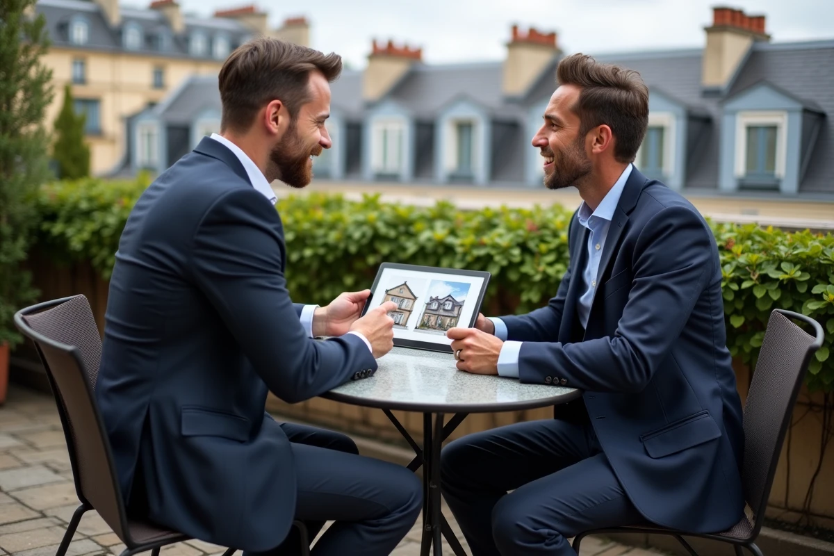 Chasseur d'appartement spécialisé terrasse à Paris présentant des plans de bien immobilier sur une terrasse parisienne
