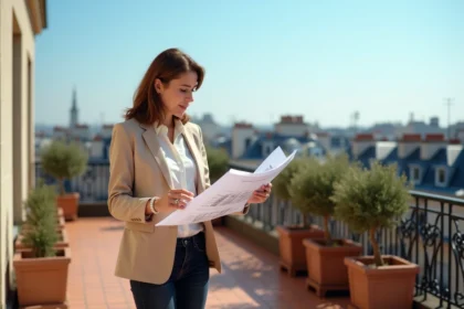 Chasseur d'appartement professionnel sur une terrasse parisienne avec vue panoramique sur les toits haussmanniens