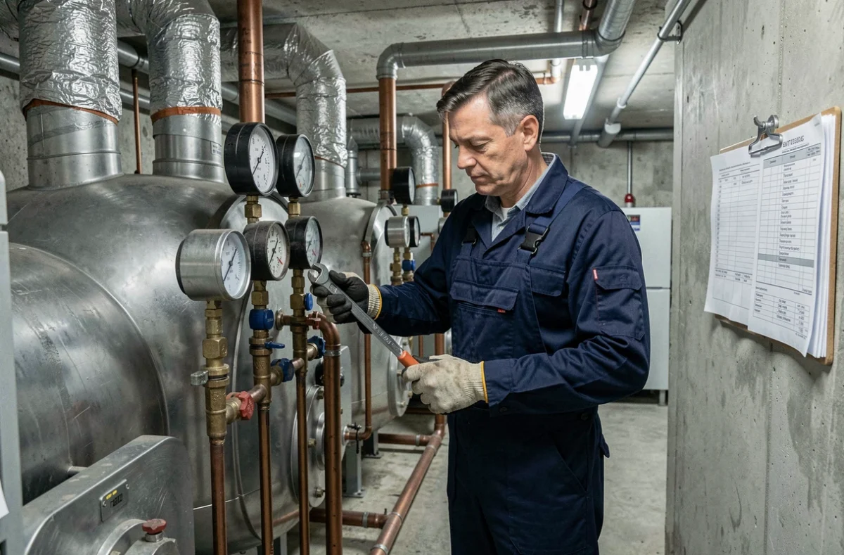 Technicien entretenant une chaufferie collective dans un immeuble résidentiel à Saint-Denis