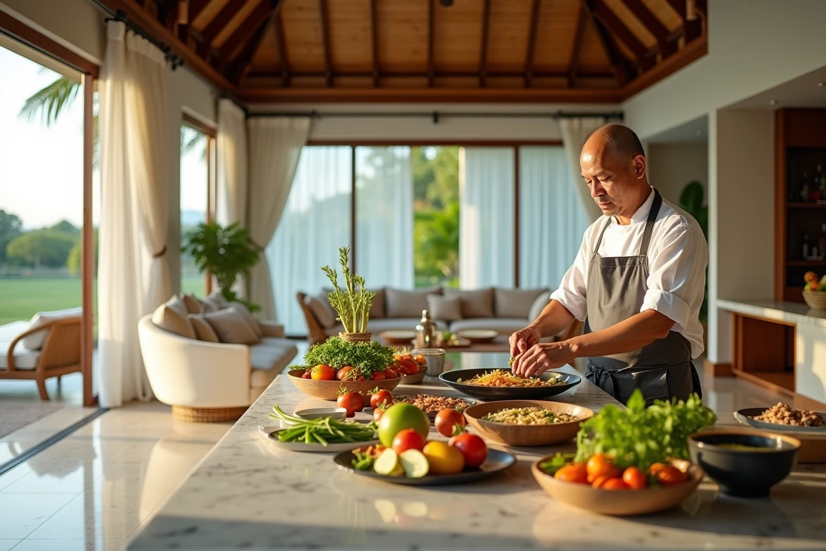 Chef cuisinier thaïlandais préparant un repas traditionnel dans la cuisine ouverte d'une villa privée en Thaïlande