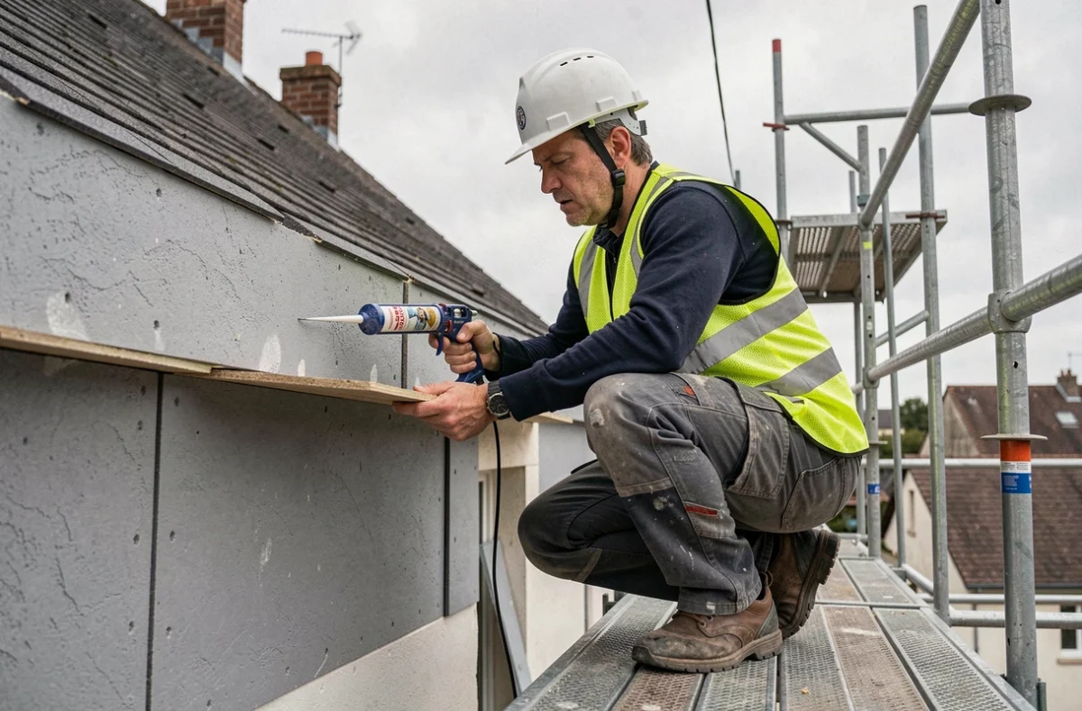 Couvreur installant une isolation thermique par l'extérieur sur une maison individuelle