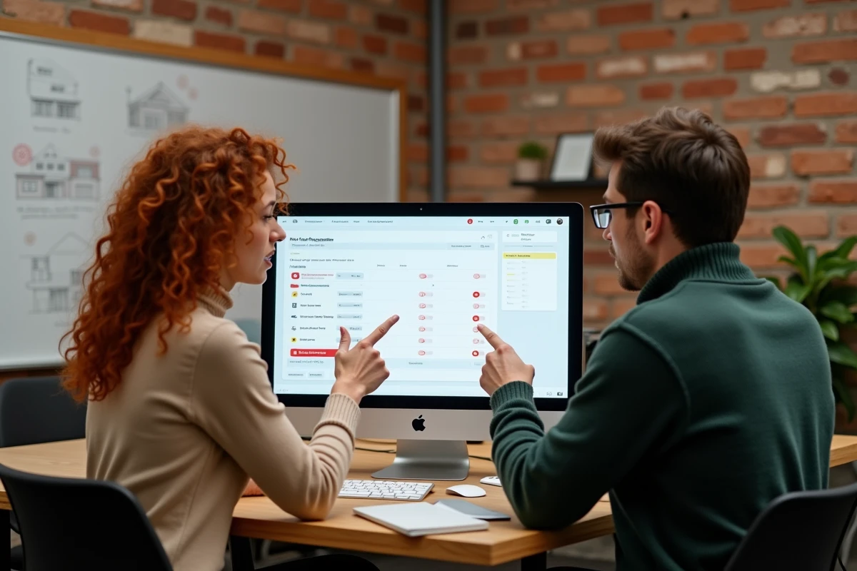 Deux collègues identifiant des erreurs de saisie sur l'interface Jestimo dans un espace de coworking