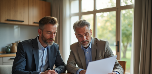 Travaux et fiscalité : comment réduire ses impôts ? Expert comptable et propriétaire discutant de travaux de rénovation