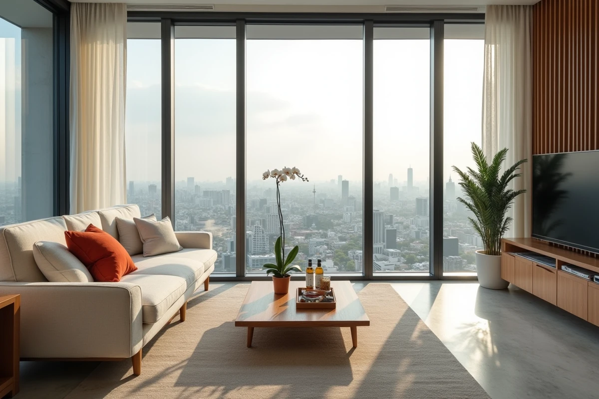 Salon d'un condo de Bangkok aménagé pour la location saisonnière avec vue panoramique sur la ville