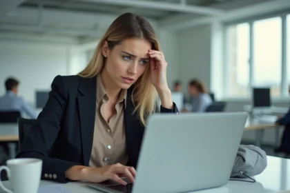 Femme frustrée devant un écran d'erreur de connexion intranet IAD au bureau