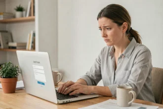 Femme concentrée tentant de se connecter sur un site administratif parisien depuis son bureau à domicile
