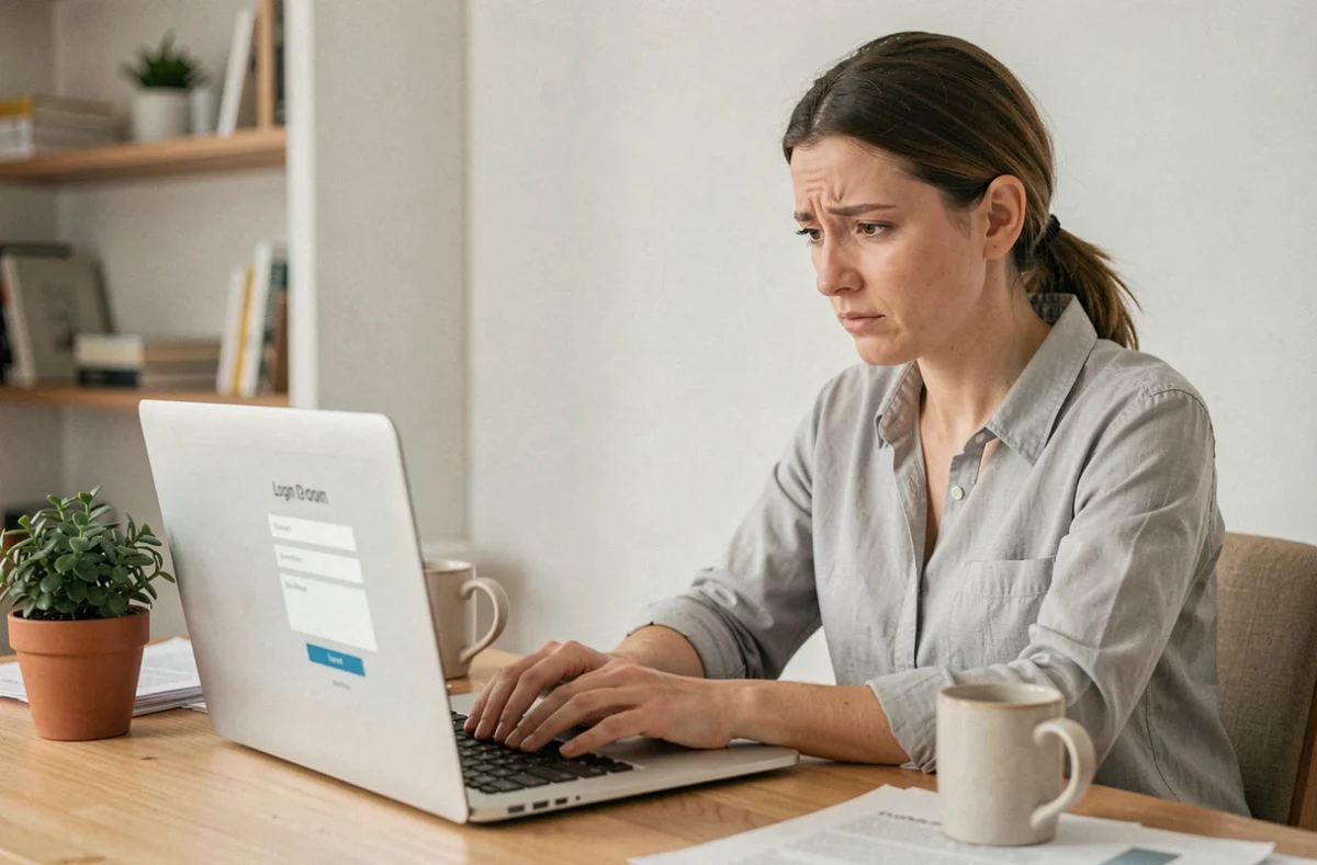 Femme concentrée tentant de se connecter sur un site administratif parisien depuis son bureau à domicile