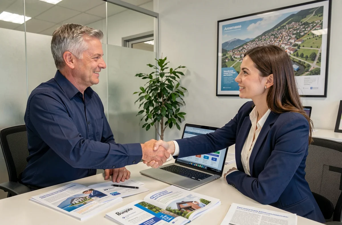 Conseiller en assurance habitation recevant un client dans une agence à Annemasse
