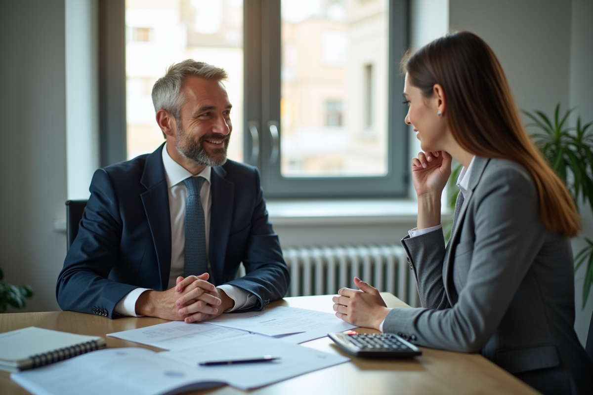 Conseiller financier rassurant un client dans un bureau moderne