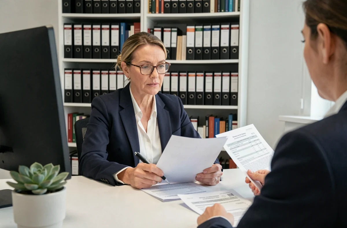 Conseillère fiscale expliquant les risques d'une mauvaise déclaration de taxe sur logement vacant à un propriétaire