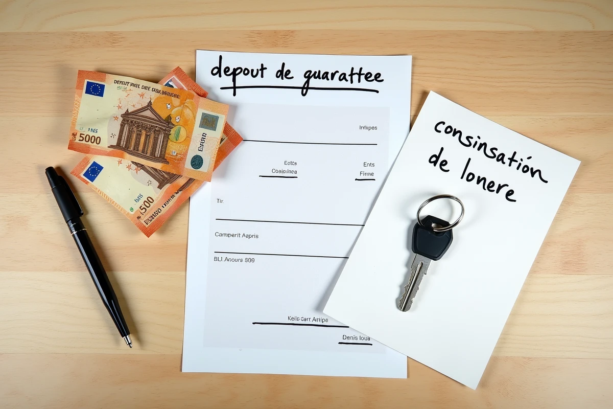Vue aérienne de billets en euros, de documents de consignation de loyer et de dépôt de garantie, et de clés d'appartement sur un bureau en bois