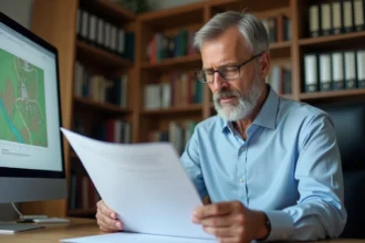 Homme consultant un document cadastral pour identifier le propriétaire d'une parcelle