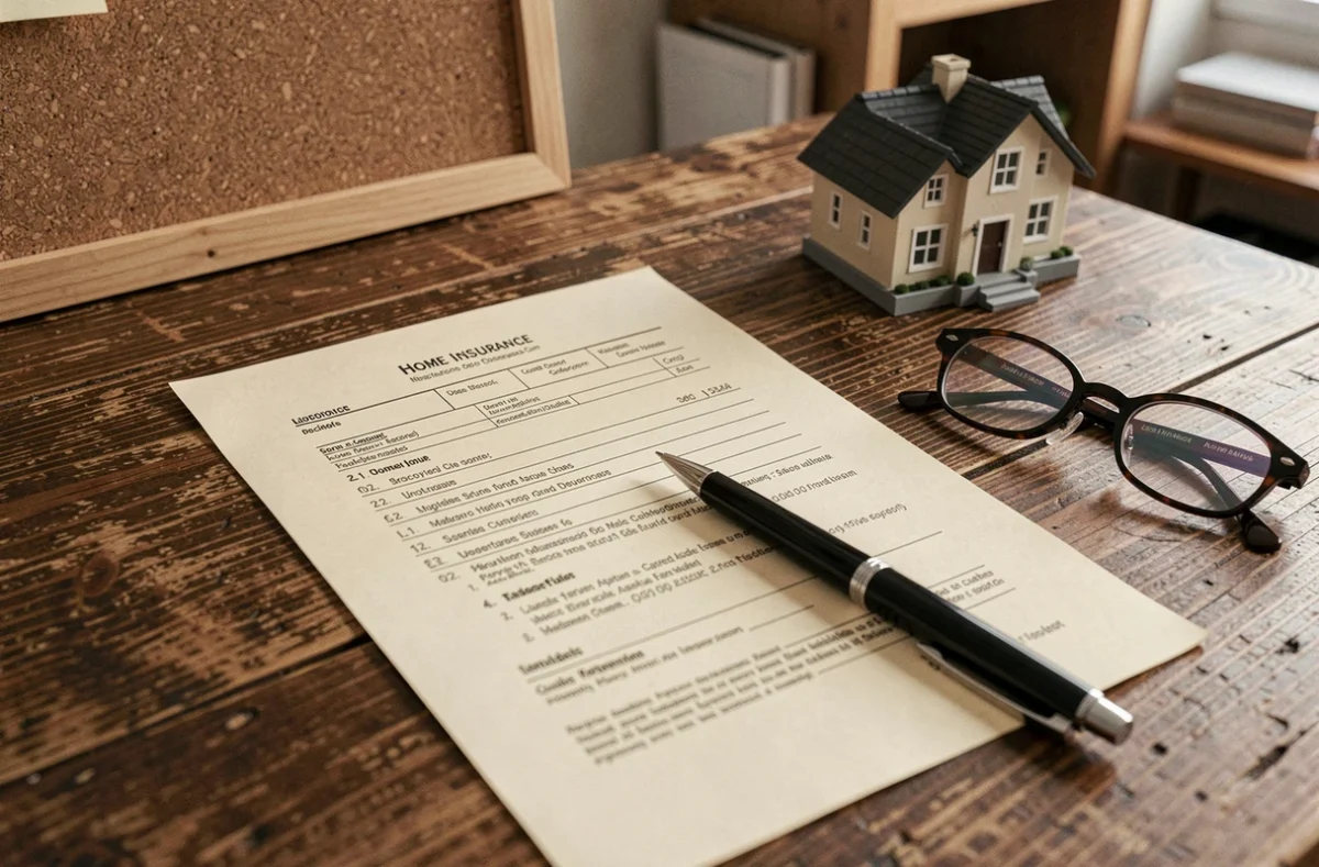 Gros plan sur un contrat d'assurance habitation posé sur un bureau en chêne avec une maquette de maison