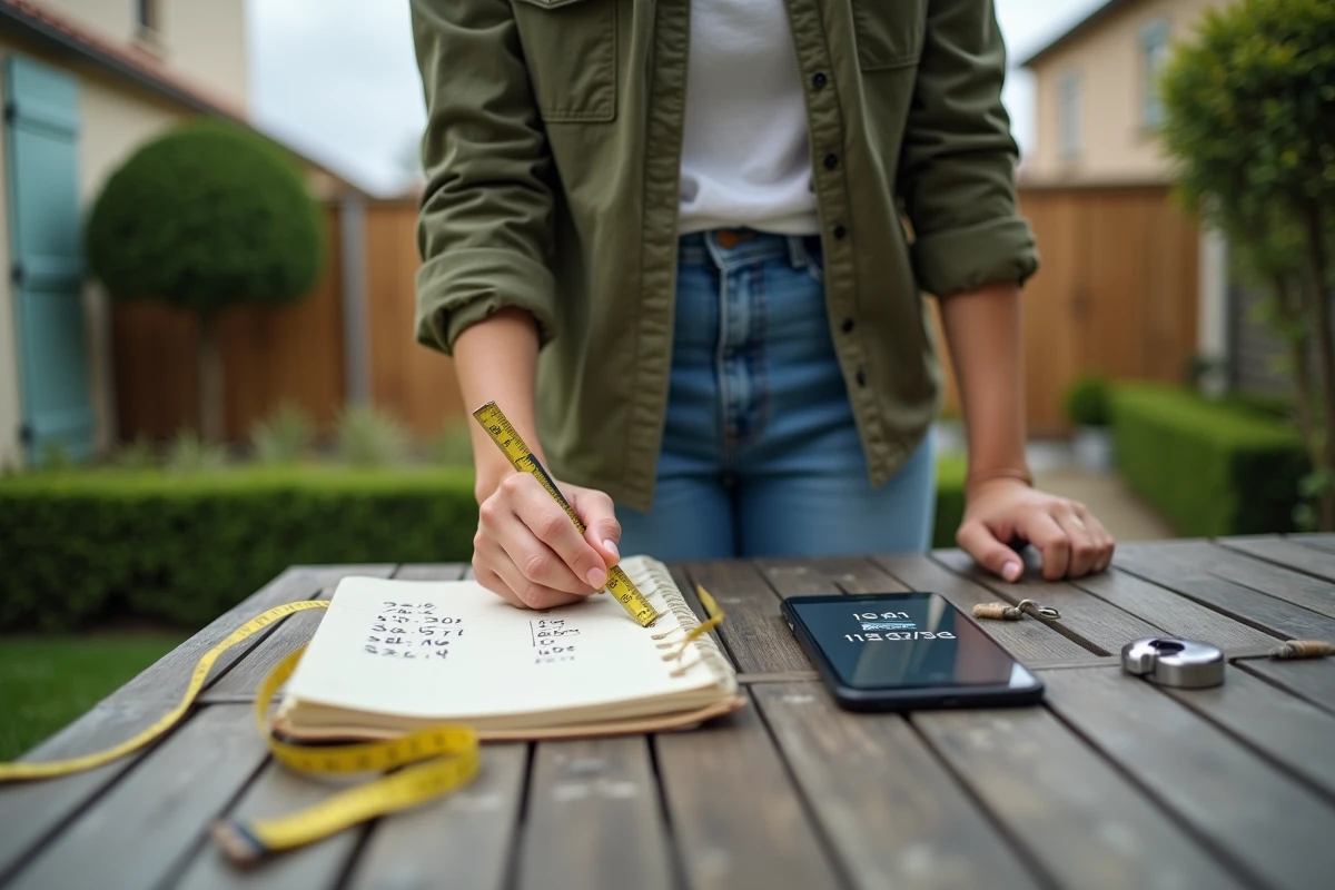 Femme calculant la conversion de 6 are en m2 avec un carnet et une règle dans un jardin résidentiel