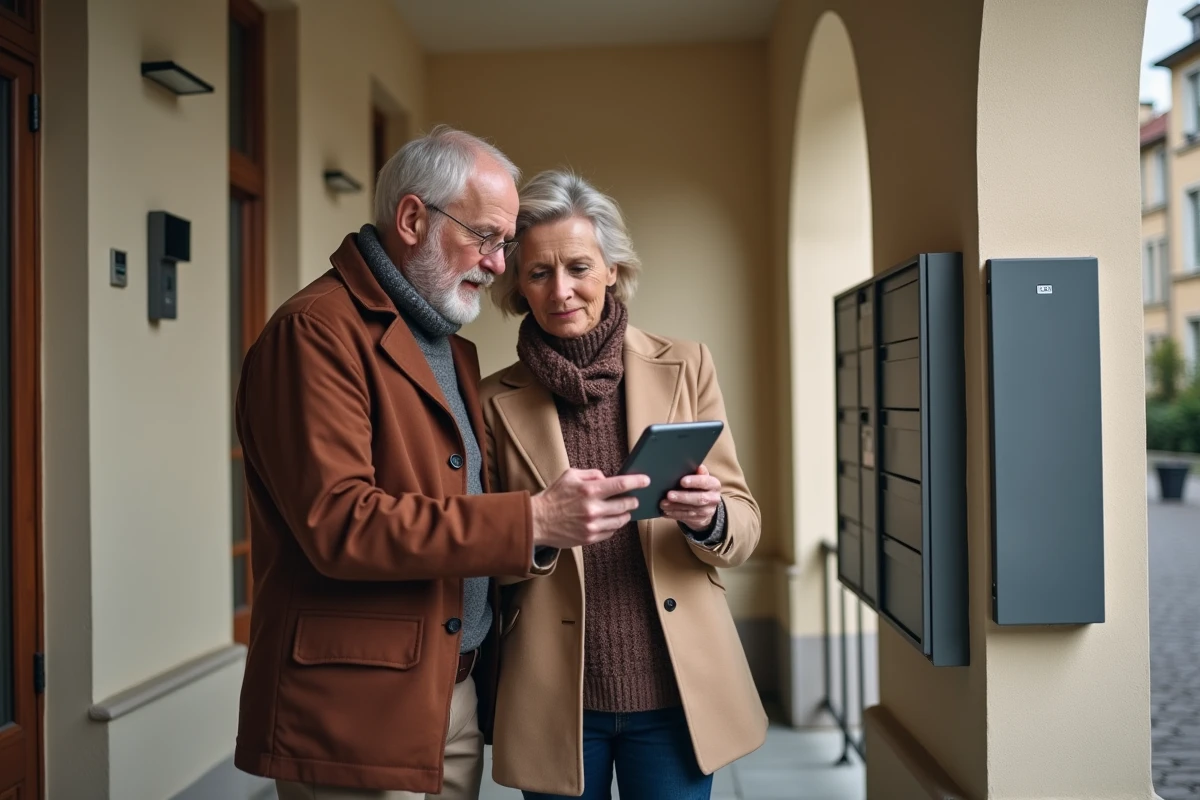 Deux copropriétaires consultant l'espace client de gestion immobilière sur une tablette dans le hall de leur immeuble