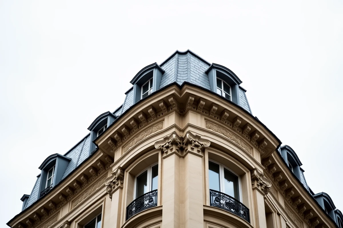 Corniches et ornementations sculptées du sommet d'un immeuble haussmannien avec modillons, frises en calcaire et départ de la toiture mansardée en ardoise