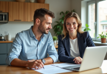 Meilleur taux de prêt immobilier : comparatif des banques Jeune couple professionnel examine documents de prêt immobilier