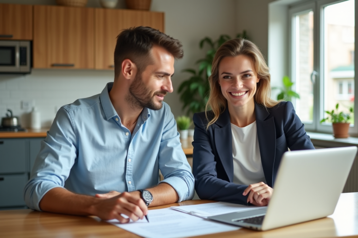 couple-contrats-immobilier Jeune couple professionnel examine documents de prêt immobilier