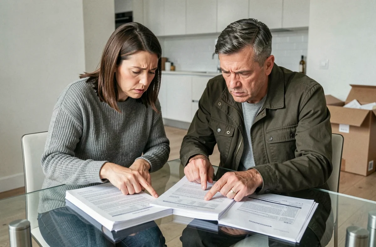 Couple examinant des contrats immobiliers avec inquiétude suite à un problème de retour de lot dans le neuf