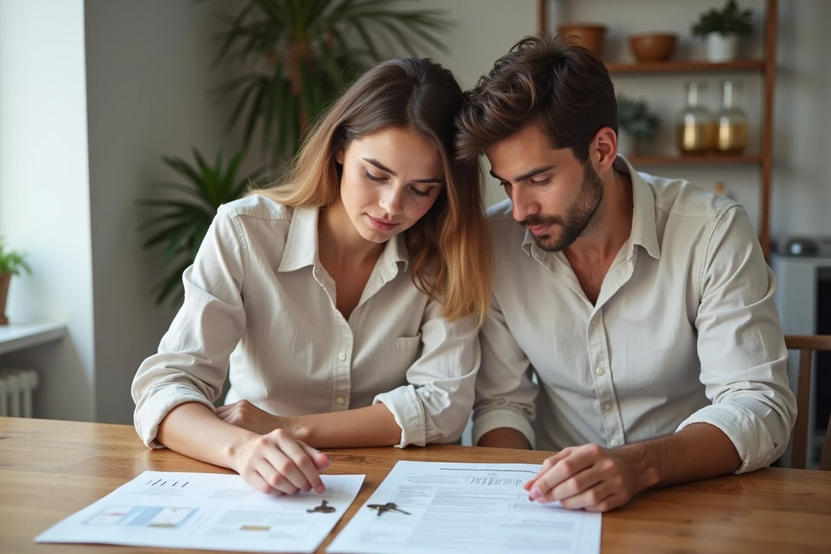 Couple examinant les documents d'achat immobilier après acceptation de leur offre