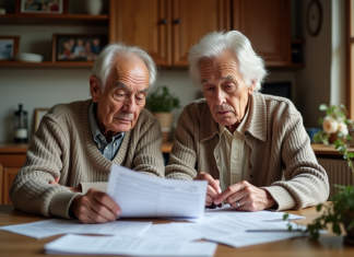 Impôt foncier : A quel âge cesse-t-on de le payer ? Couple agee examine documents fiscaux dans la cuisine