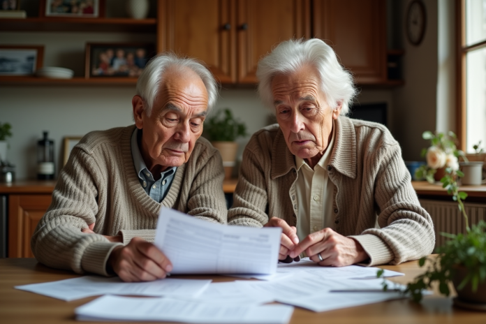 Couple agee examine documents fiscaux dans la cuisine