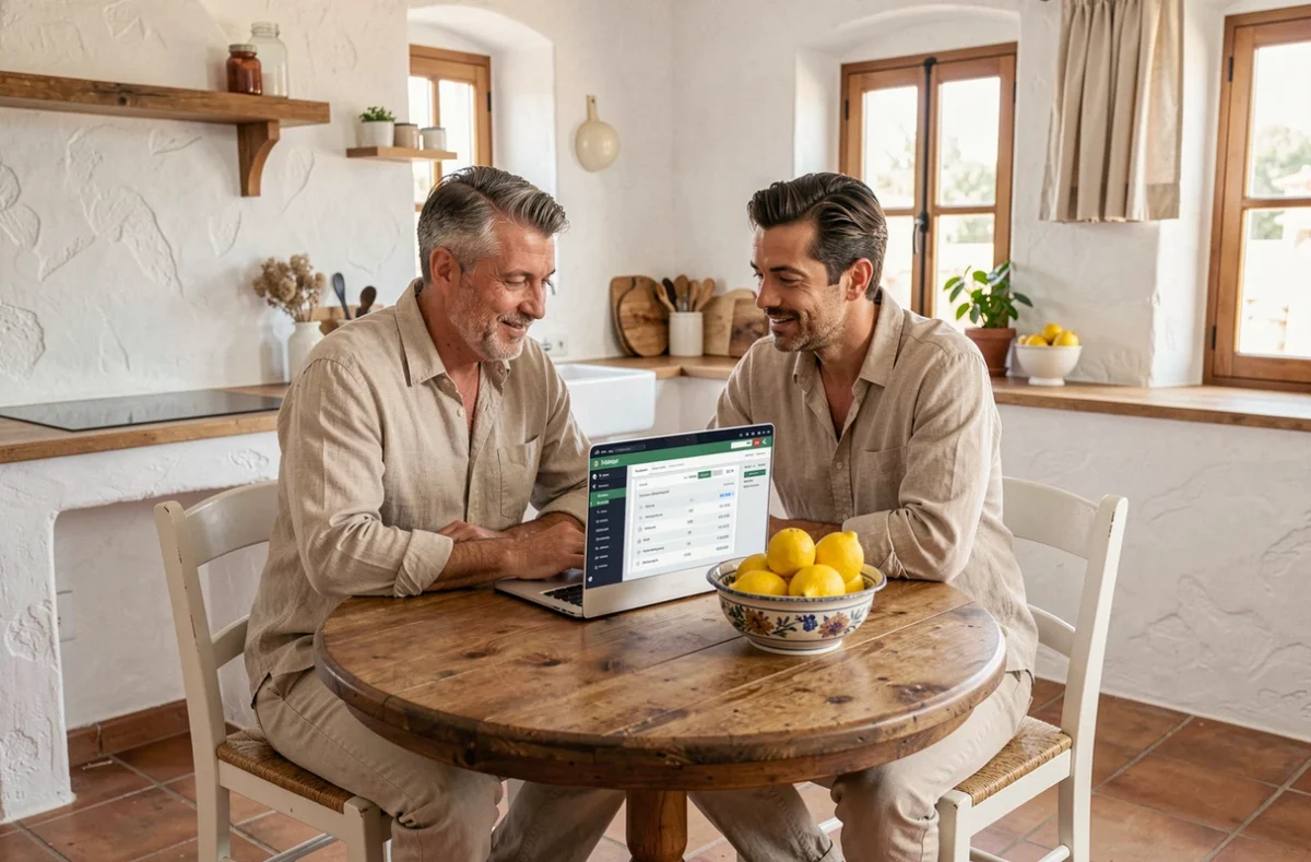 Couple consultant une estimation immobilière en ligne dans un appartement méditerranéen à Aix-en-Provence