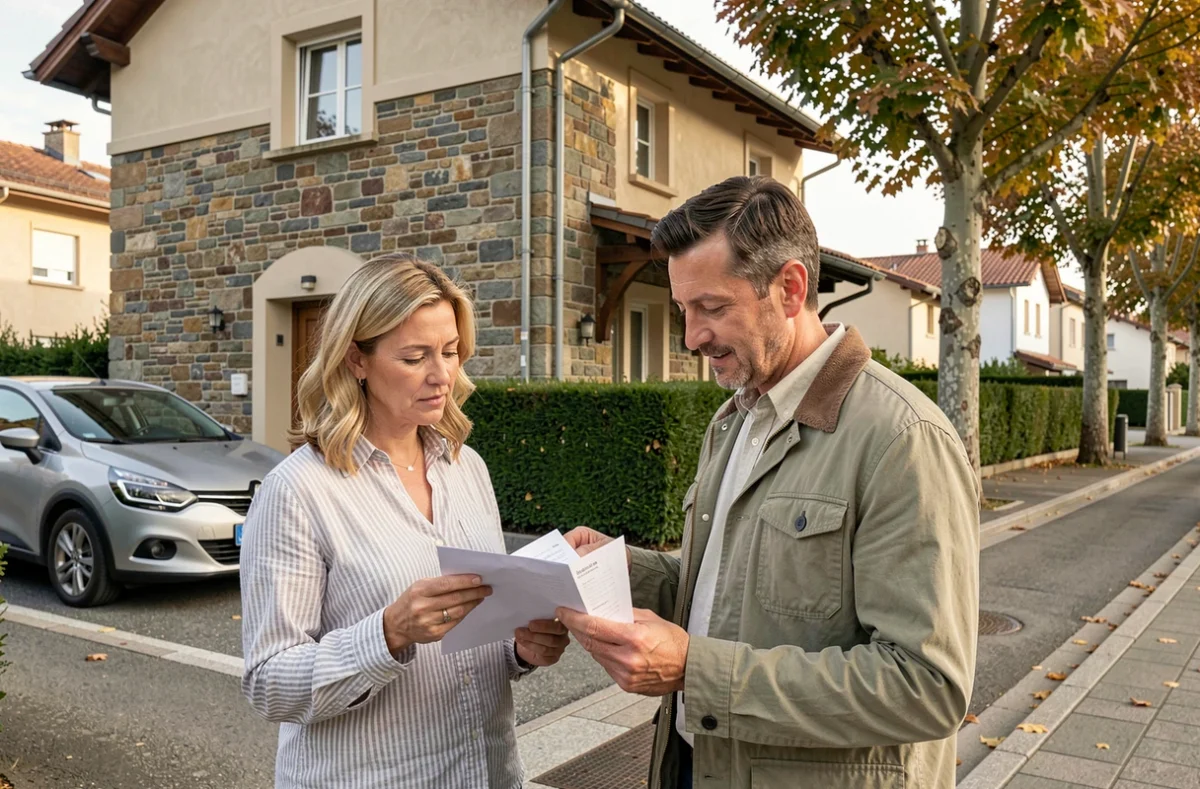 Couple évaluant leur maison pour souscrire une assurance habitation dans un quartier résidentiel d'Annemasse