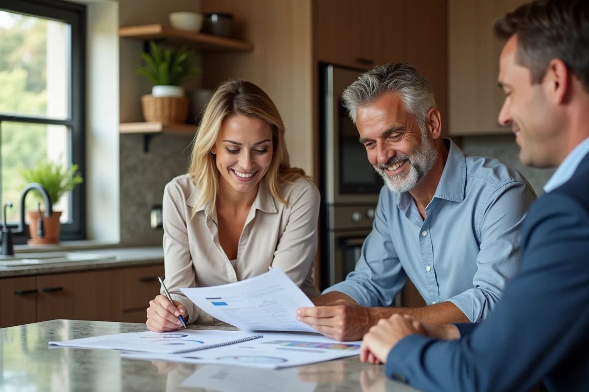 Couple discutant avec agent immobilier à la maison