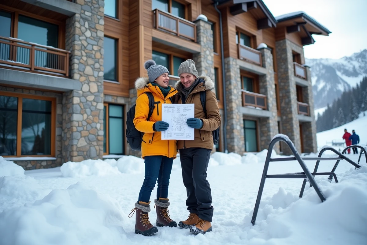 Couple examinant un plan d'appartement devant une résidence de ski aux Menuires en hiver
