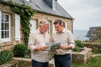 Couple examinant des documents immobiliers devant une maison normande en pierre à vendre en bord de mer