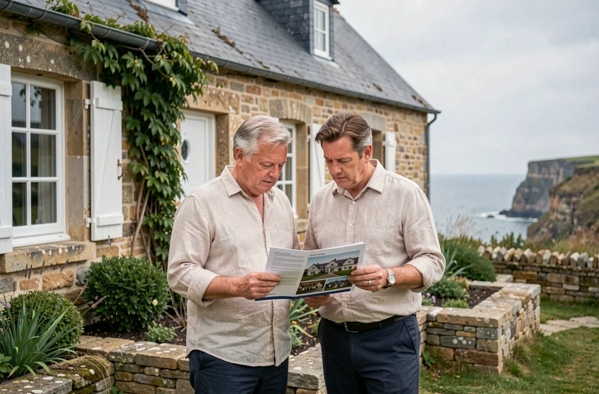 Couple examinant des documents immobiliers devant une maison normande en pierre à vendre en bord de mer