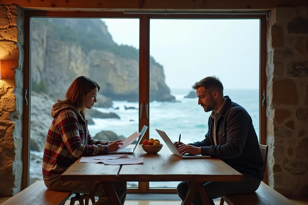 Couple étudiant des documents dans une maison en bord de mer avec vue sur les falaises côtières en hiver
