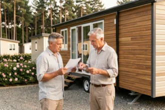 Couple examinant les documents tarifaires d'un emplacement de mobil home à l'année dans un camping