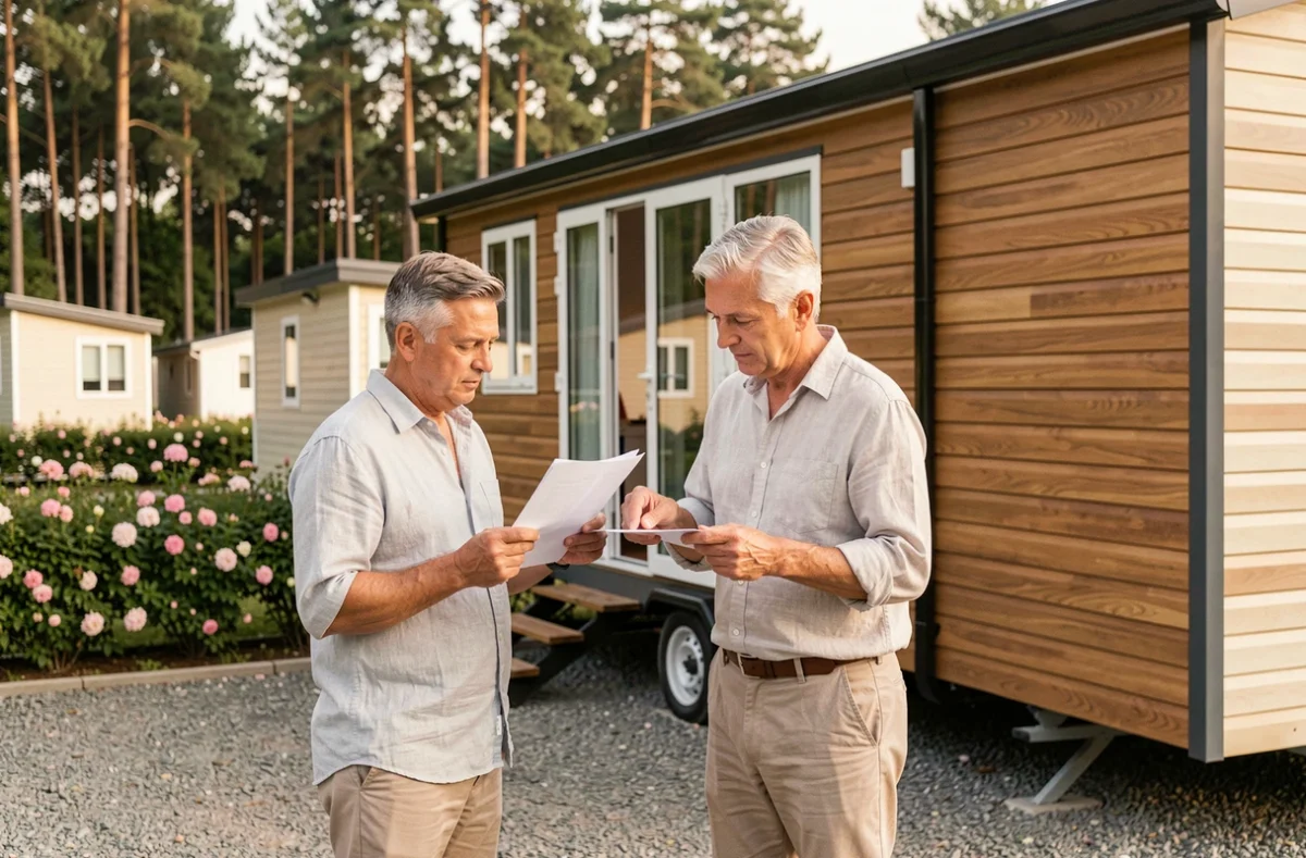 Couple examinant les documents tarifaires d'un emplacement de mobil home à l'année dans un camping