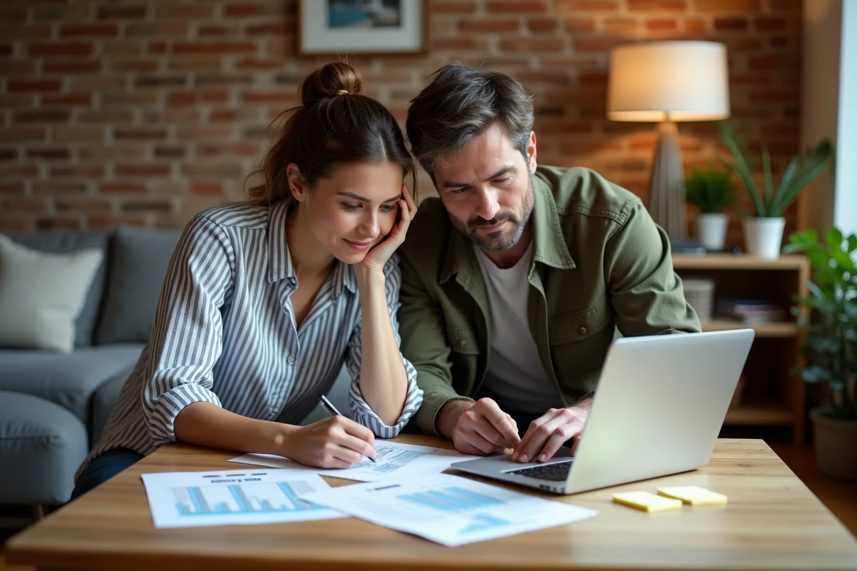 Couple préparant les documents nécessaires pour une estimation immobilière gratuite sur internet