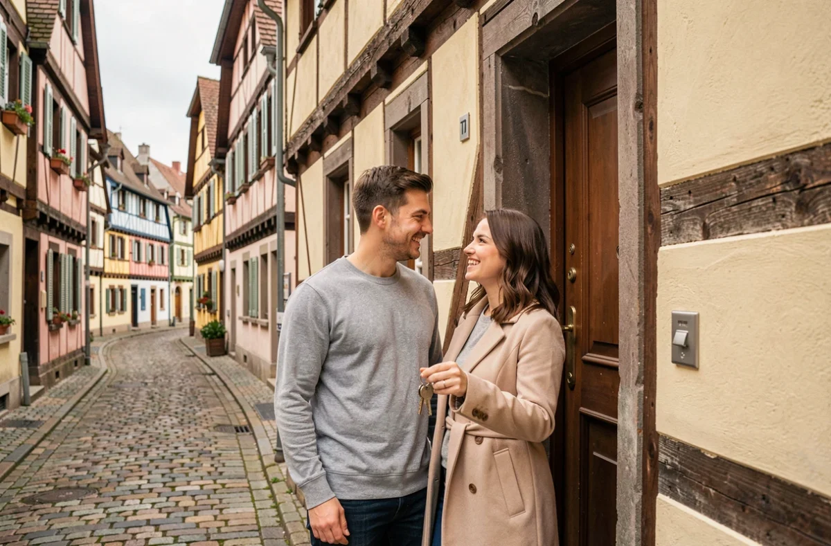 Couple recevant les clés de leur nouvelle maison à colombages à Colmar après un achat immobilier réussi
