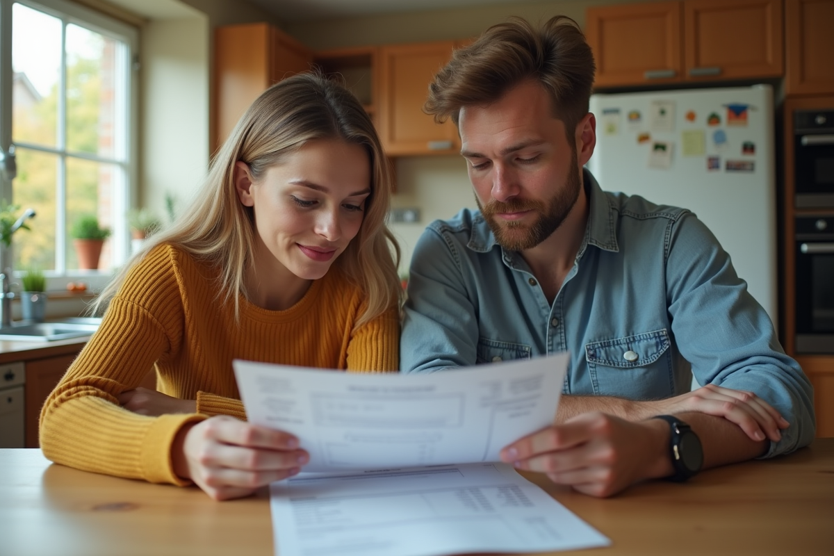 Jeune couple examinant un relevé hypothécaire à la maison