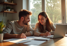 Jeune couple heureux à la maison avec documents et ordinateur