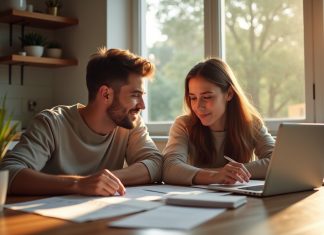 Jeune couple heureux à la maison avec documents et ordinateur