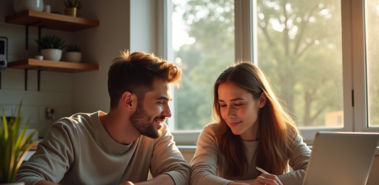 Remboursement prêt à taux zéro : comment ça marche et conseils efficaces ! Jeune couple heureux à la maison avec documents et ordinateur